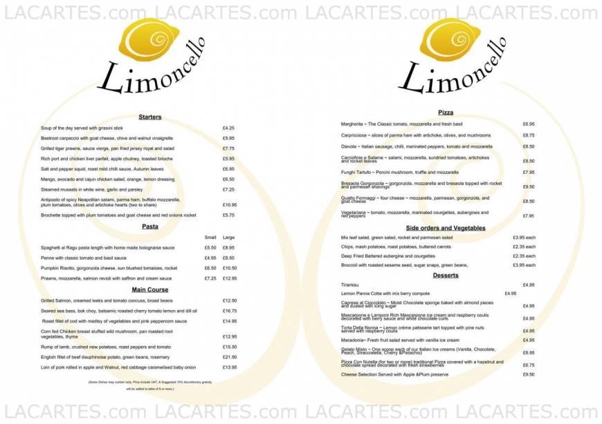  Pricelists of Limoncello Restaurant 8-9 Marechal Niel Parade, Main Road  - Photo 1 of 3