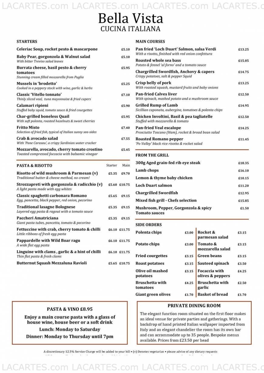  Pricelists of Bella Vista Cucina Italiana 3/5 Montpelier Vale - Photo 1 of 4