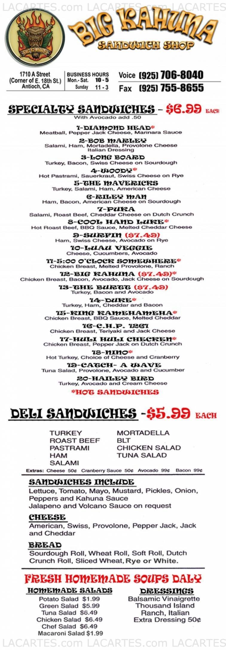  Pricelists of Big Kahuna Sandwich Shop 1710 A Street @ E 18th Street - Photo 1 of 1