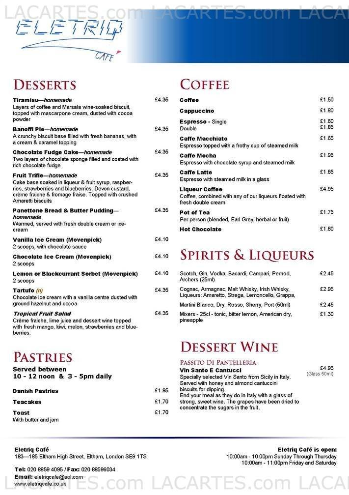 Pricelists of Eletriq Cafe - Eltham 183-185 Eltham High Street - Photo 2 of 3