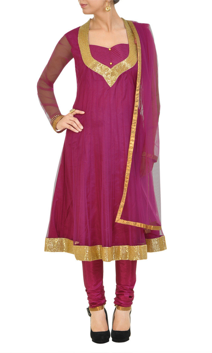 Wine net readymade anarkali churidar kameez designed with Cutdana and zari work on net and border,dhagai work on yoke,Shantoon used as lining,Net dupatta with shimmer piping,golden button on yoke Profile Photos of M/s Vidya Aarvi Enterprises D-31, Uppals Southend - Photo 2 of 5 Wine net readymade anarkali churidar kameez designed with Cutdana and zari work on net and border,dhagai work on yoke,Shantoon used as lining,Net dupatta with shimmer piping,golden button on yoke Profile Photos of M/s Vidya Aarvi Enterprises D-31, Uppals Southend - Photo 2 of 5
