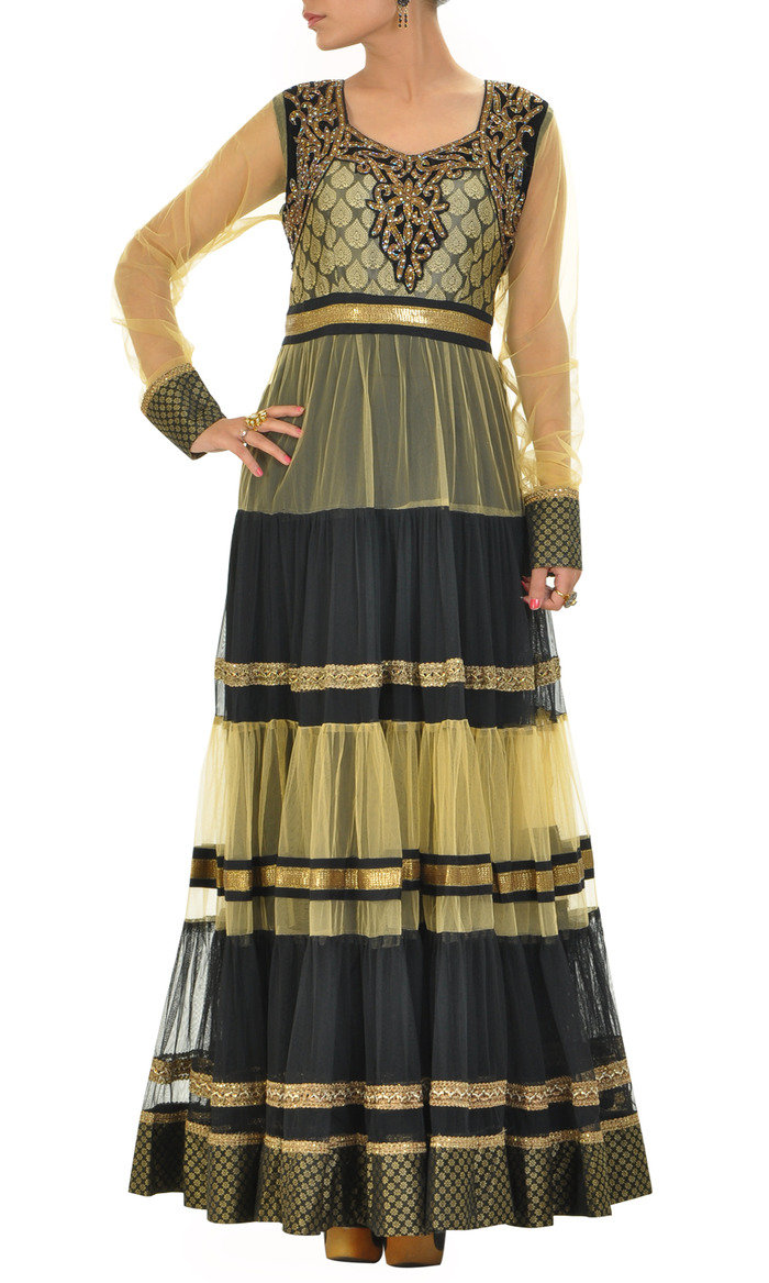Black net readymade anarkali churidar kameez designed with Cutdana ,zari and zerkan work on yoke,broked patch on yoke,sequins work on patti,zari lace used in border,shantoon used as lining Profile Photos of M/s Vidya Aarvi Enterprises D-31, Uppals Southend - Photo 5 of 5