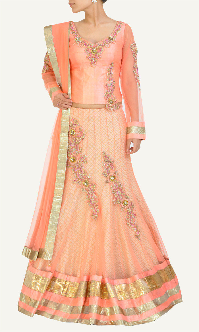 Peach Net lehenga with resham, zari, zerkan, stone, cutdana work raw silk choli and patch bordered lehenga, Net dupatta comes along with this, inside brocade fabric, shantoon used as lining. New Album of M/s Vidya Aarvi Enterprises D-31, Uppals Southend - Photo 1 of 4