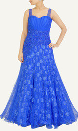Blue Net Readymade Gown Designed with cutdana, dabka, zerkan embroidery on front and back side.Lace Net used for inside Fabric.Satin used as lining of Gown., M/s Vidya Aarvi Enterprises, Sector - 49, Shohna Road, Gurgaon