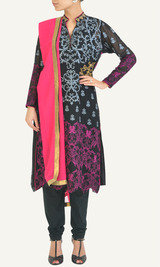 Black and Pink Readymade salwar kameez Designed with resham, stone, beads, zari.Shantoon churidar salwar and Georgett dupatta., M/s Vidya Aarvi Enterprises, Sector - 49, Shohna Road, Gurgaon