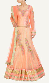 Peach Net lehenga with resham, zari, zerkan, stone, cutdana work raw silk choli and patch bordered lehenga, Net dupatta comes along with this, inside brocade fabric, shantoon used as lining., M/s Vidya Aarvi Enterprises, Gurgaon