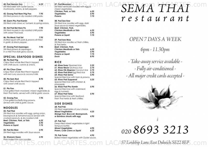  Pricelists of Sema Thai Restaurant 57 Lordship Lane - Photo 2 of 4