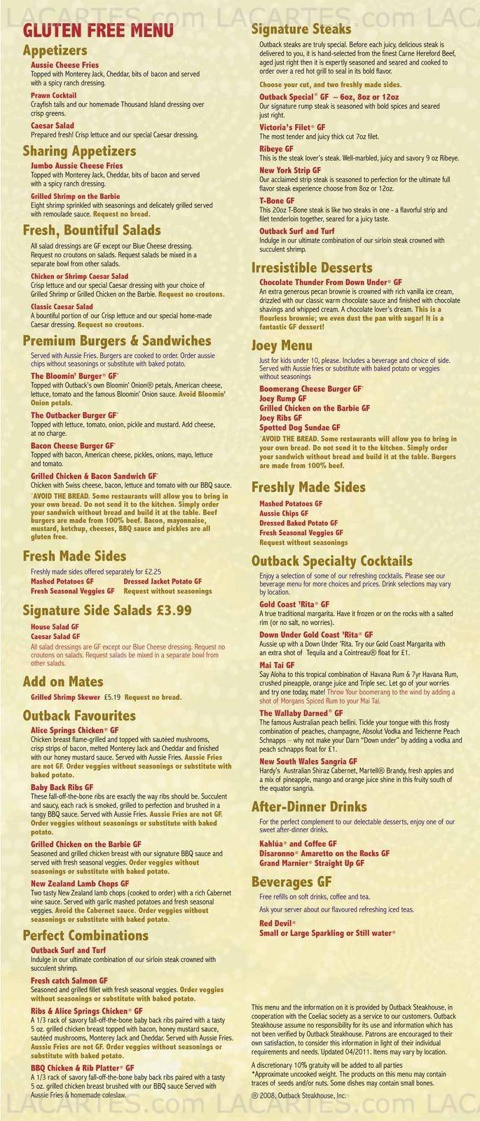 Pricelists of OUTBACK STEAKHOUSE - BASILDON Yardley Business Park Miles Gray Road    - Photo 13 of 15