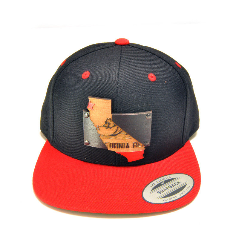 Map of California Wood Charm Black and Red Snapback hat