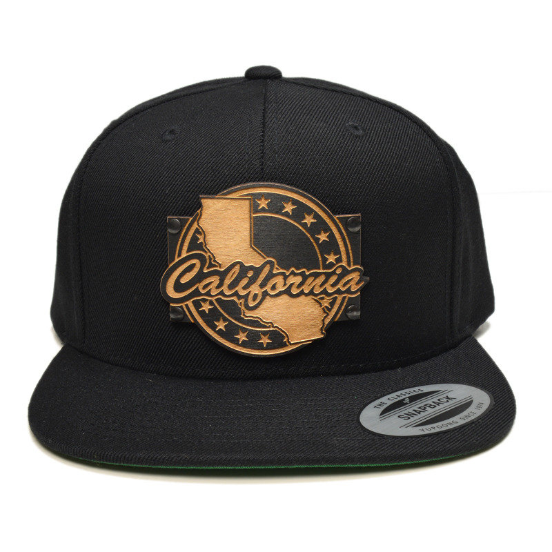 Map of California  Wood Charm Black Snapback Hat