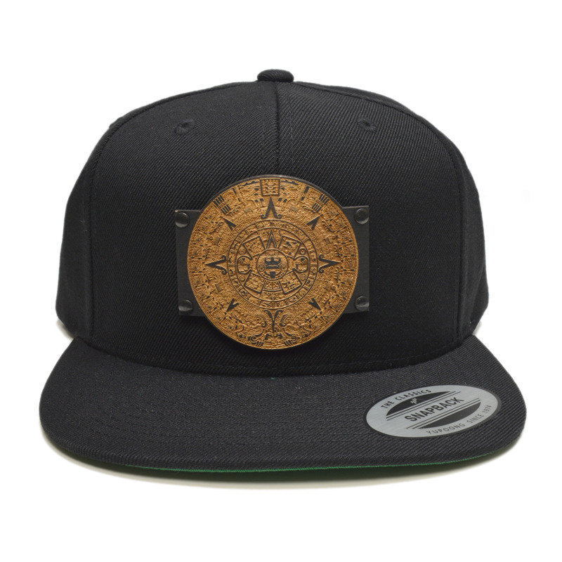 Mayan Calendar Wood Charm Black Snapback Hat