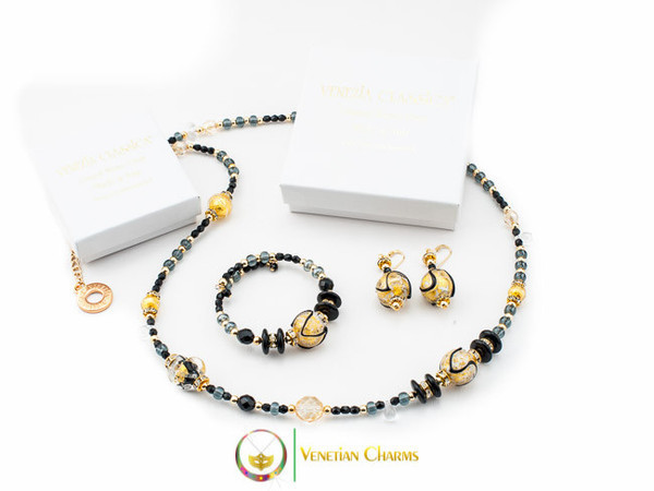 Aida Long Necklace Set - Black, Gold and Grey