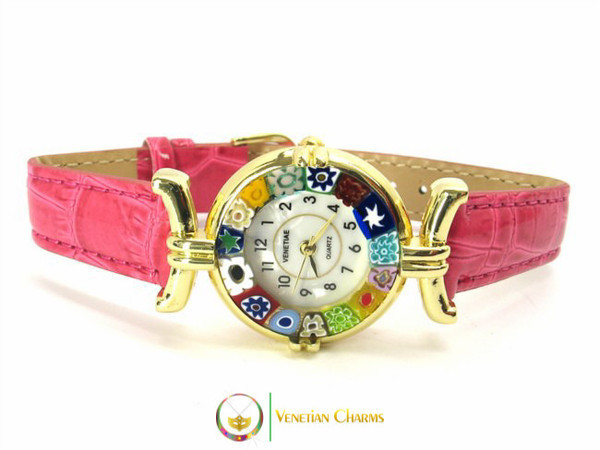 One Lady Gold Murano Glass Watch - Fuschia