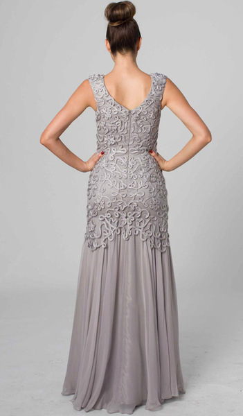 E402 MODERN ELEGANCE LACE & SILK GOWN - SILVER