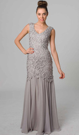 E402 MODERN ELEGANCE LACE & SILK GOWN - SILVER