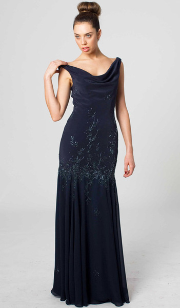 E404 FEMININE LUXURIOUS ELEGANCE EVENING GOWN NAVY BLUE