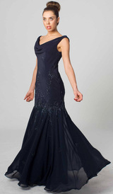 E404 FEMININE LUXURIOUS ELEGANCE EVENING GOWN NAVY BLUE
