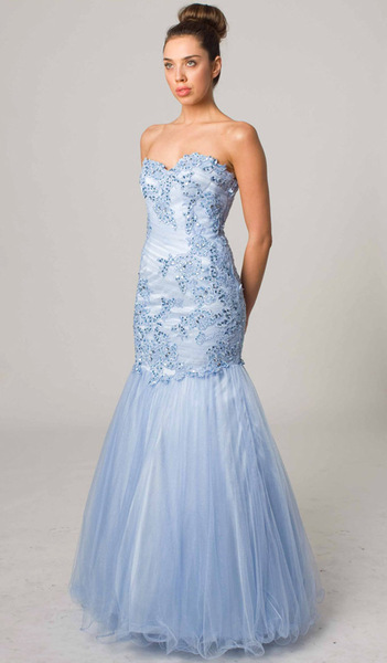 E406 ANGELIC STRAPLESS MERMAID DRESS SKY BLUE