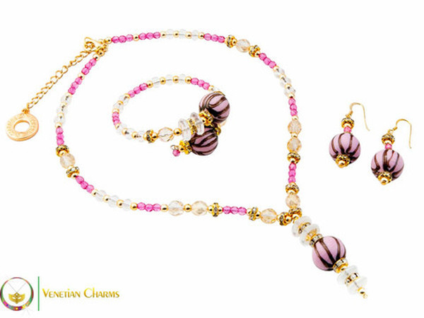 Perlage 2 Pendant Necklace Set - Fuschia, Pink & Gold