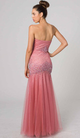 E408 DAZZLING FITTED STRAPLESS EVENING GOWN CORAL