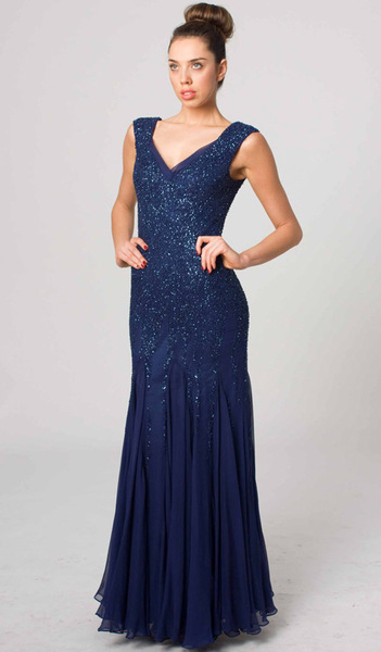 RC41 CLASSIC BEADED SILK GLAMOUR GOWN NAVY