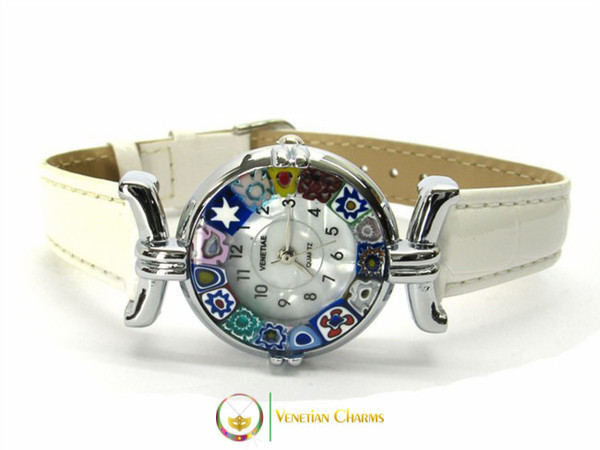 One Lady Chrome Murano Glass Watch - White