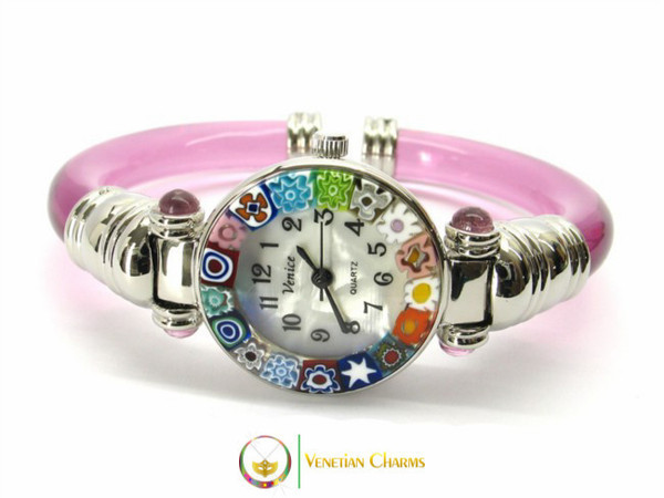 Serenissima Chrome Murano Glass Watch - Fuschia