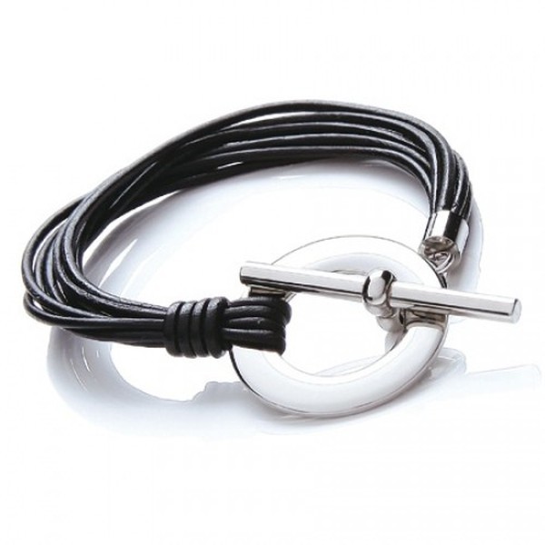 Black Multi-Strand Leather Bracelet, T-Bar Feature Clasp, 19cm
