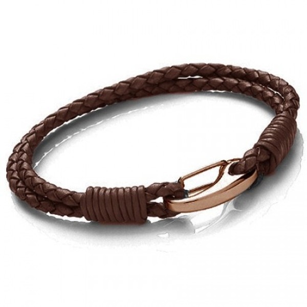 Brown Leather 2-Strand Bracelet, Rose Gold Shrimp Clasp, 19cm