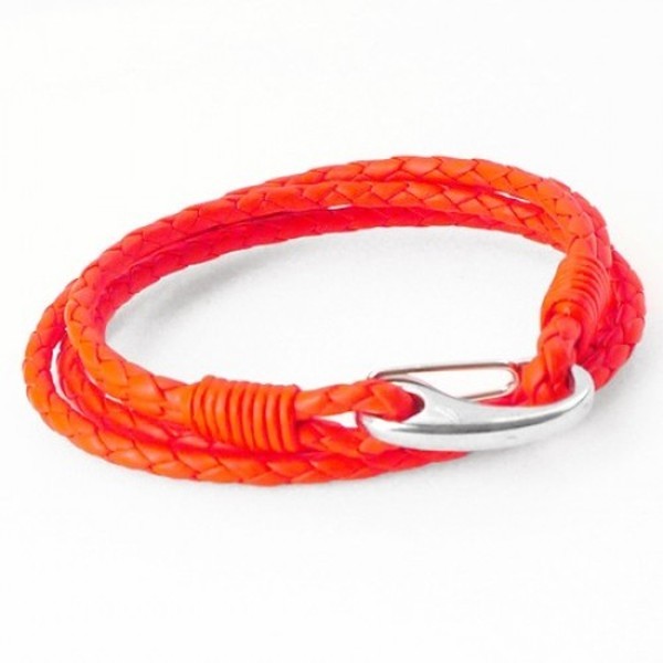 Neon Red Leather 4-Strand Double Wrap Bracelet, Shrimp Clasp, 19cm