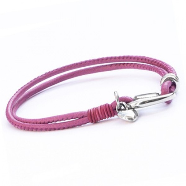Pink Soft Lambskin Leather Bracelet, Stainless Steel Heart Charm, 19cm