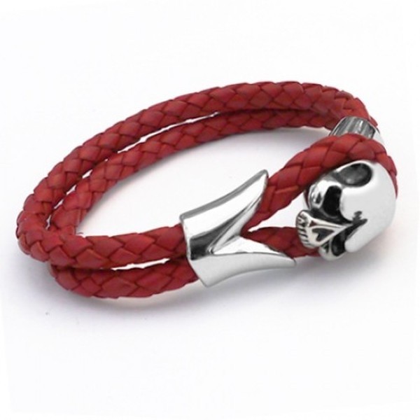 Red Leather & Stainless Steel Skull Bracelet, 19cm