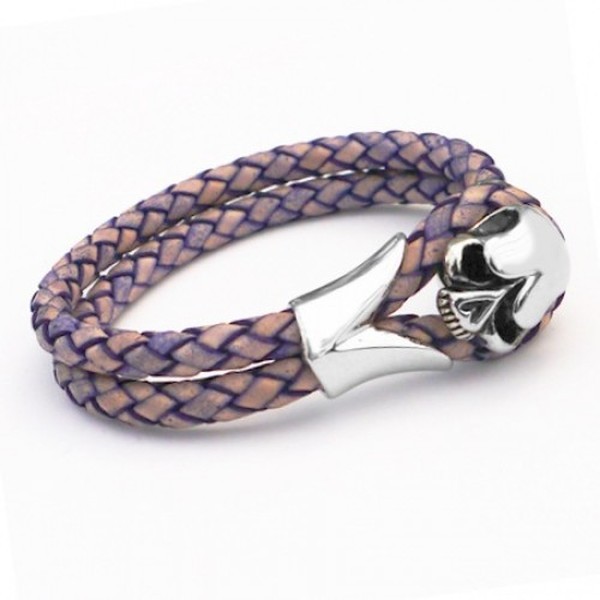 Violet Leather & Stainless Steel Skull Bracelet, 19cm