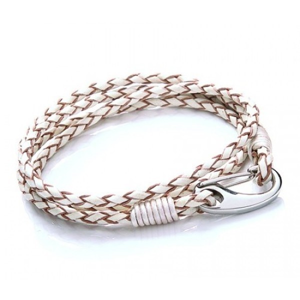 White Leather 4-Strand Double Wrap Bracelet, Shrimp Clasp, 18cm