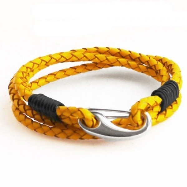 Yellow Leather 4-Strand Double Wrap Bracelet, Shrimp Clasp, 19cm