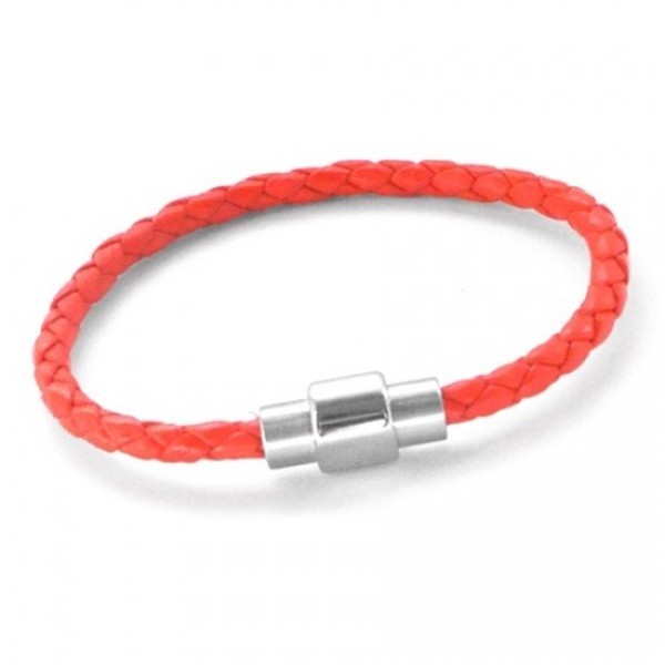 Neon Red Plaited Leather Bracelet, Magnetic Barrel Clasp, 20cm