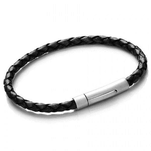 Black Plaited Leather Bracelet, Satin S. Steel Push & Lock Clasp, 20cm