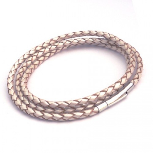 Pearl White Plaited Leather Necklet/3 Loop Bracelet, Rocker Clasp, 19cm