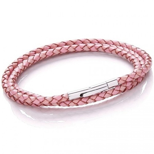 Pink Plaited Leather Necklet/3 Loop Bracelet, Rocker Clasp, 19cm