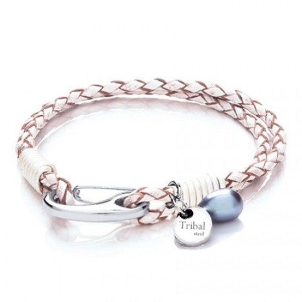 White Leather 2-Strand Bracelet, Shrimp Clasp, Pearl & Disc, 19cm