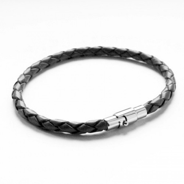 Black Plaited Leather Bracelet, Magnetic Bayonet Clasp, 19cm