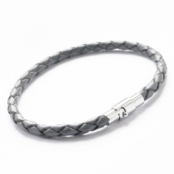 Grey Plaited Leather Bracelet, Magnetic Bayonet Clasp, 19cm