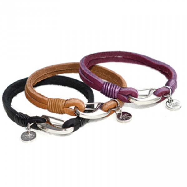 Purple 2-Strand Leather Bracelet, Tribal Disc Charm, Shrimp Clasp, 19cm