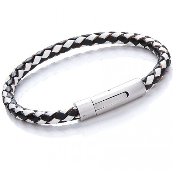 Black & White Leather 5mm Plaited Bracelet, Rocker Clasp, 21cm