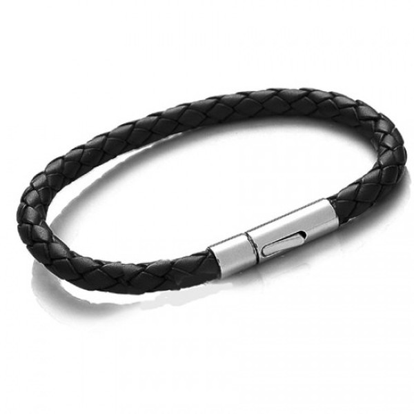 Black Leather 5mm Plaited Bracelet, Rocker Clasp, 21cm