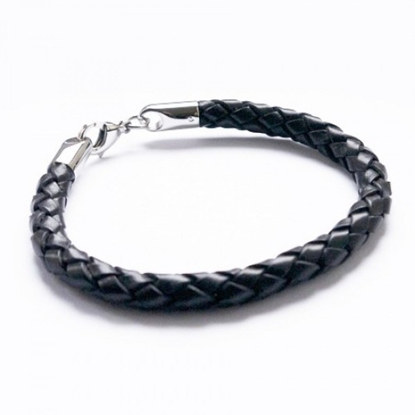 Black Woven Leather Bracelet, Stainless Steel Lobster Clasp, 21cm