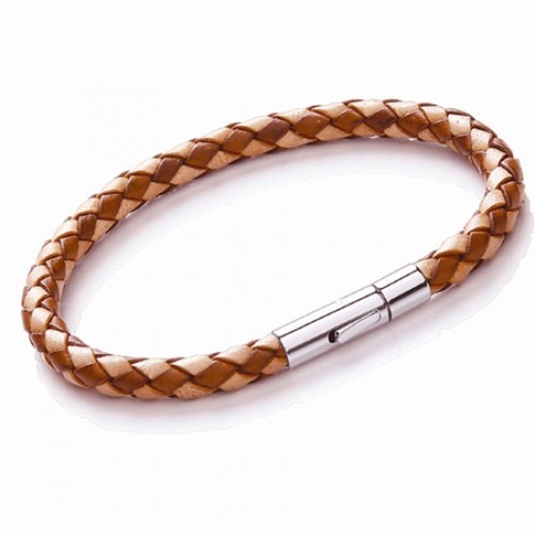 Dual Tone Brown Leather 5mm Plaited Bracelet, Rocker Clasp, 21cm