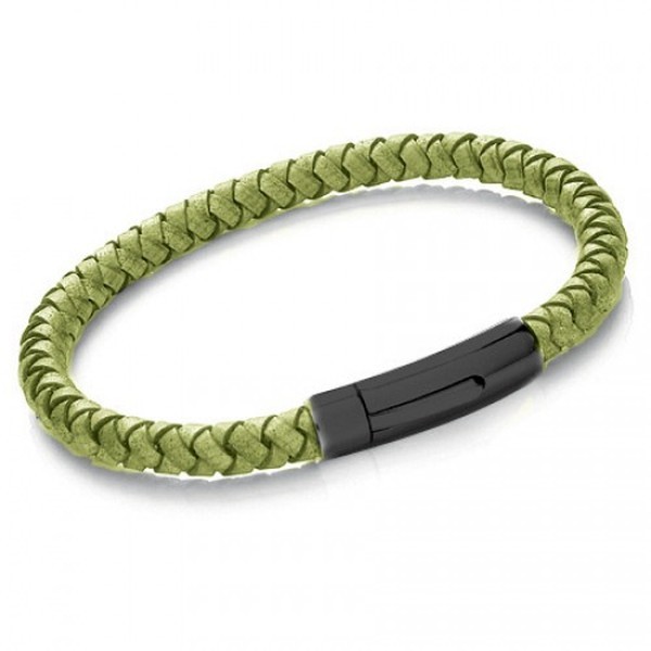 Green Leather 8mm Plaited Bracelet, Rocker Clasp, 22cm