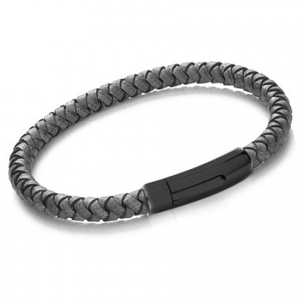 Grey Leather 8mm Plaited Bracelet, Rocker Clasp, 21cm