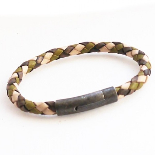 Gun Metal & Camo Plaited Leather Bracelet, Rocker Clasp, 21cm
